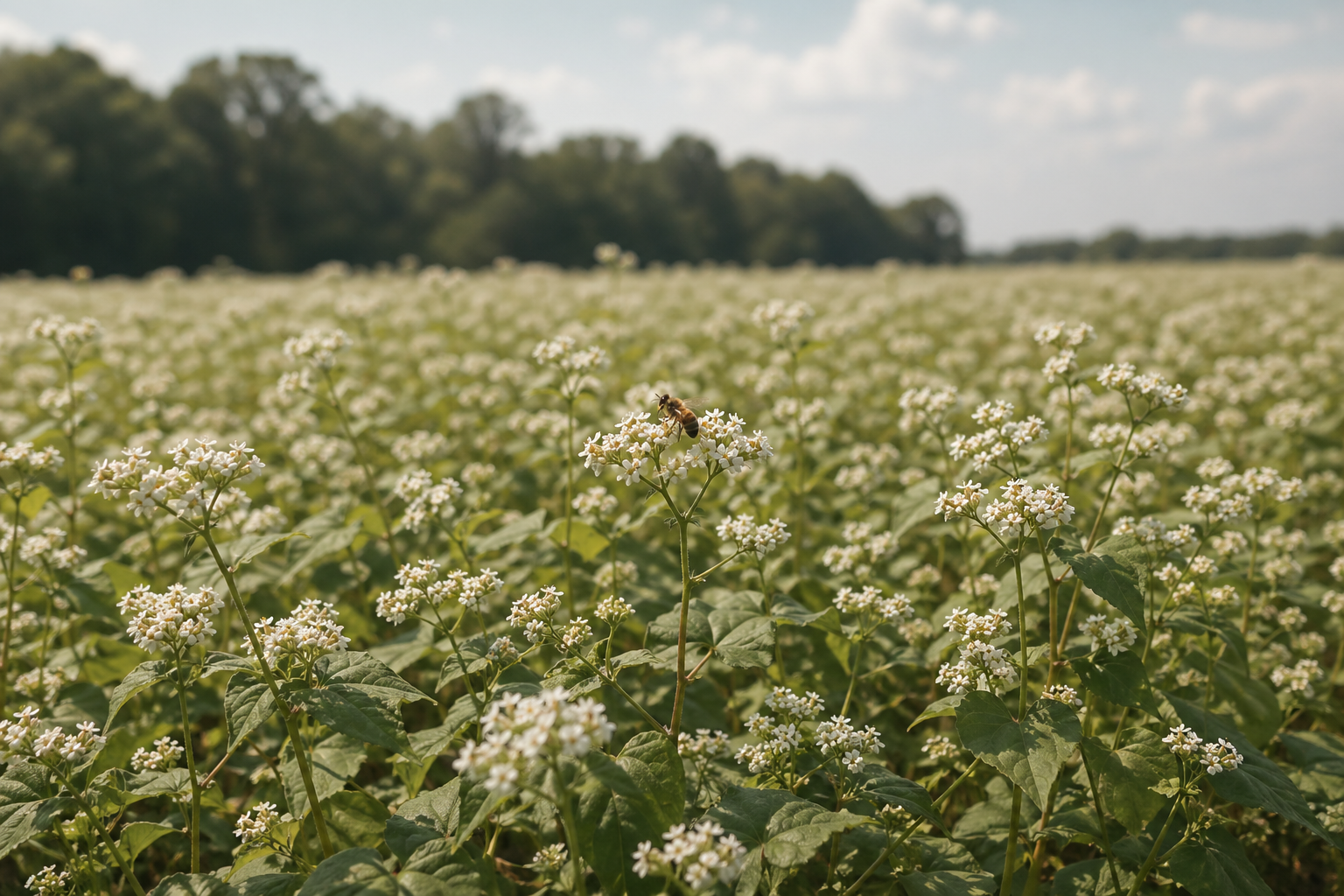 Buckwheat field covered in small white flowers
