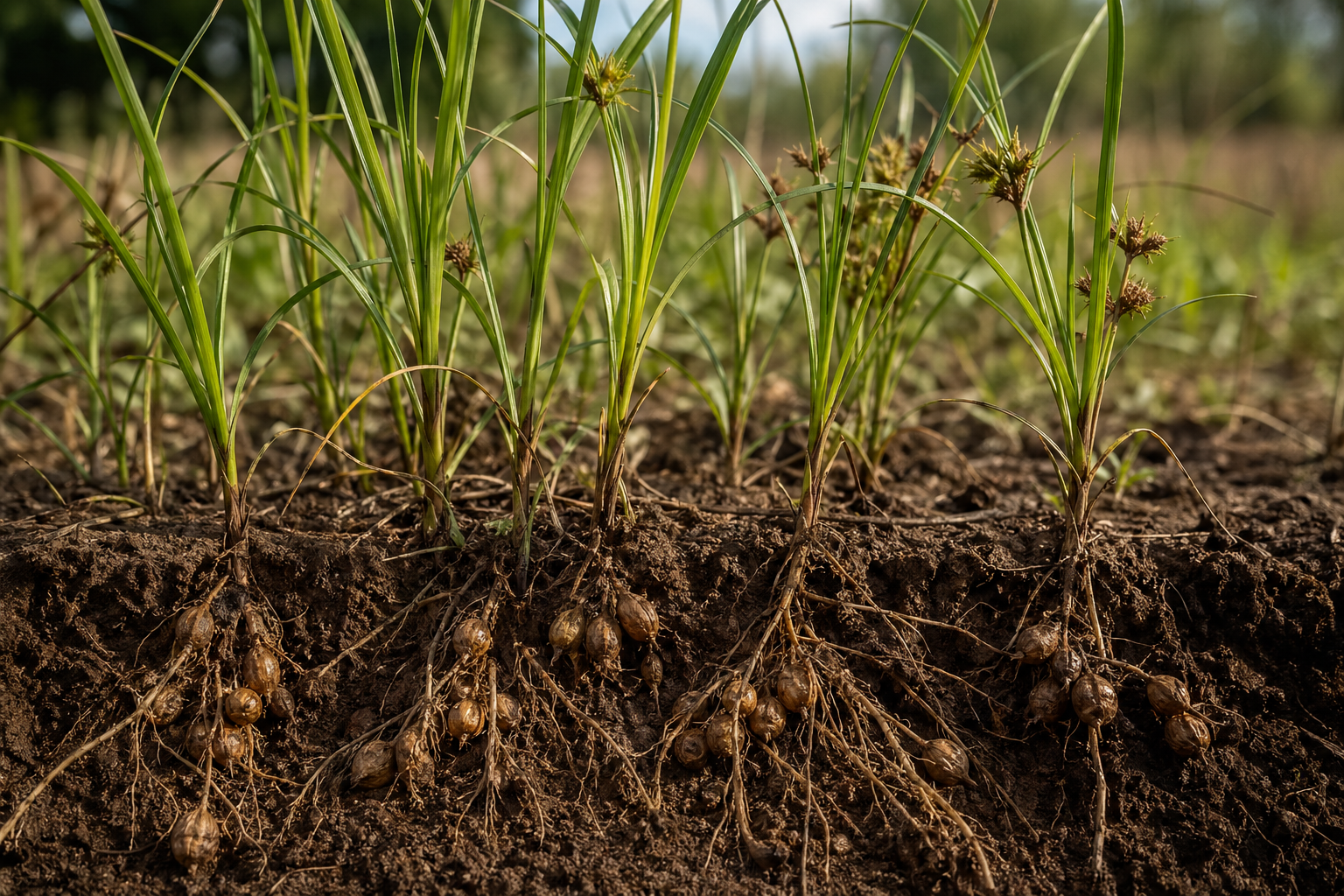 Chufa plants in soil with tubers slightly visible