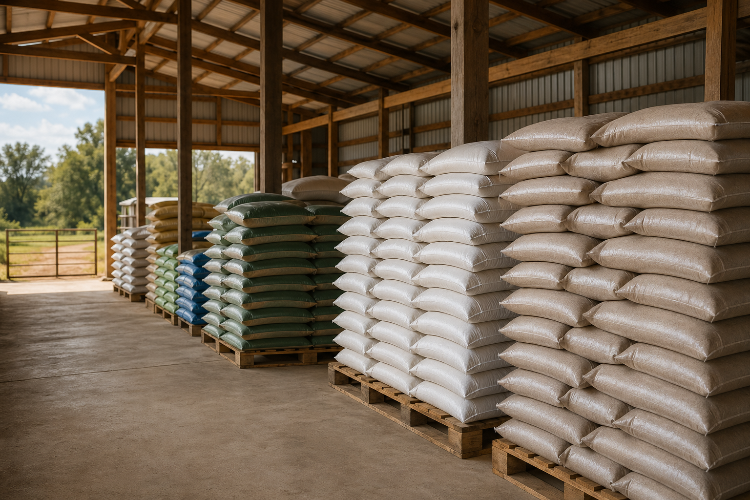 Stacked fertilizer bags on pallets in a supply warehouse