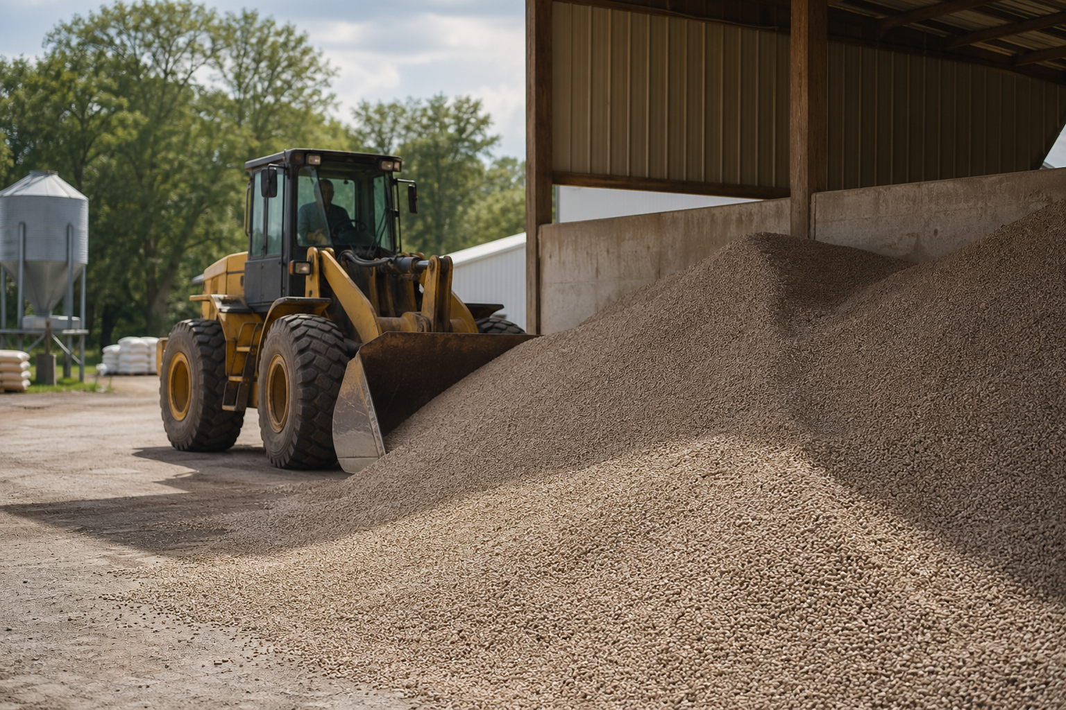 Bulk fertilizer with farm loader equipment nearby
