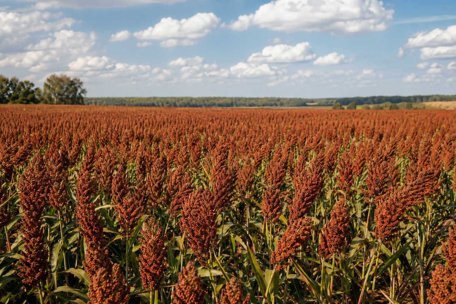 Grain sorghum field with red seed heads