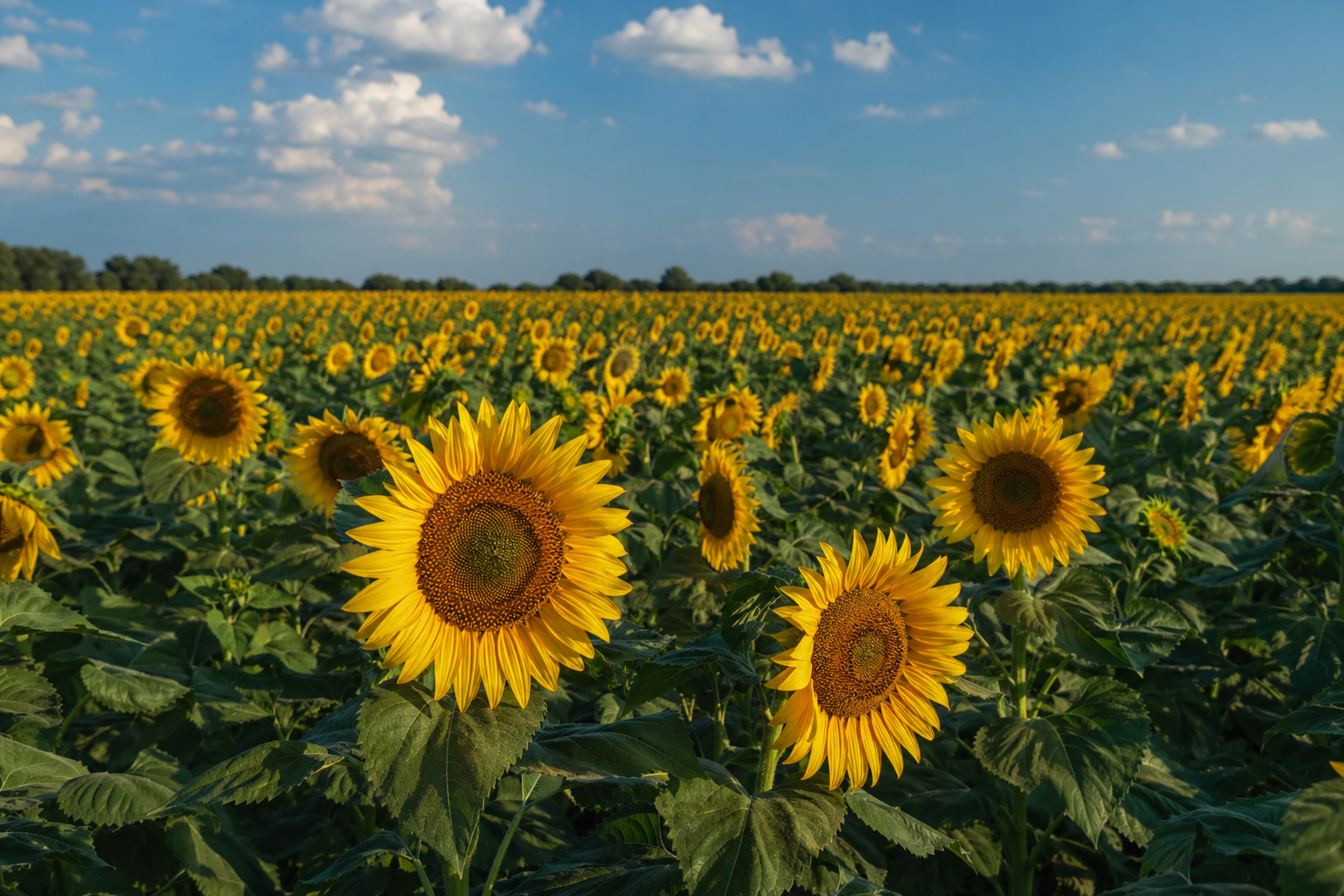 Peredovik sunflowers facing the sun under a blue sky