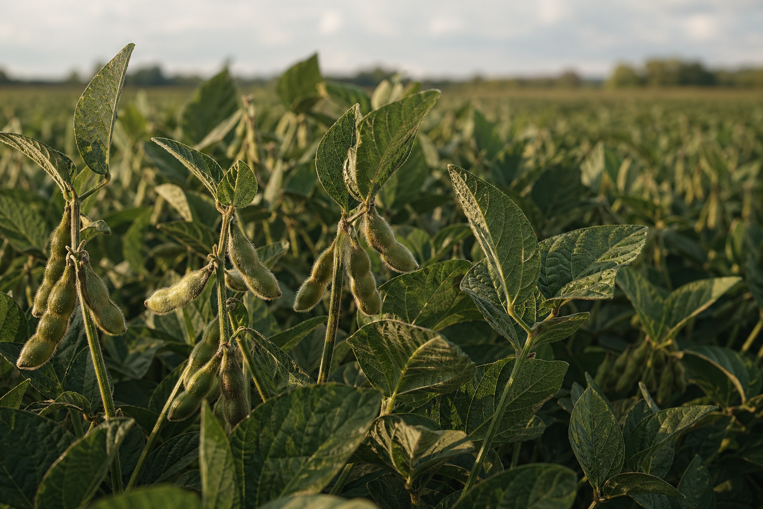 Soybean plants with pods at mid growth