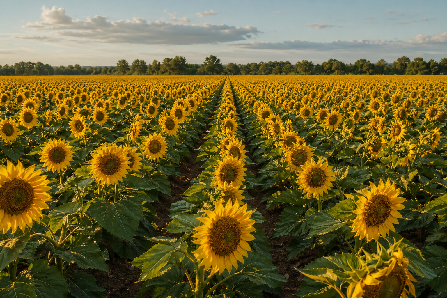 Uniform sunflower crop planted in rows